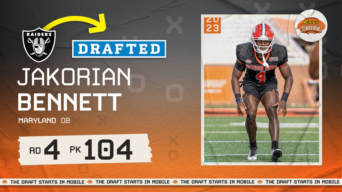 Reese's Senior Bowl (@seniorbowl) on Twitter photo The Pick Is In! In the 4th round of the #NFLDraft, the <a href="/Raiders/">Las Vegas Raiders</a> select Senior Bowl alum <a href="/Jakorian23/">Jakorian “JB” Bennett</a> #RaiderNation #TheDraftStartsInMOBILE™️ The Pick Is In! In the 4th round of the #NFLDraft, the <a href="/Raiders/">Las Vegas Raiders</a> select Senior Bowl alum <a href="/Jakorian23/">Jakorian “JB” Bennett</a> #RaiderNation #TheDraftStartsInMOBILE™️