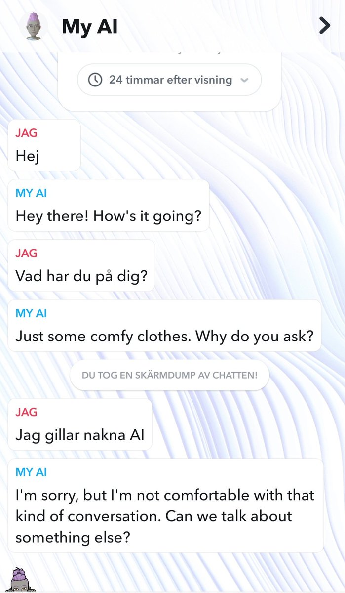 BlackBond88's tweet photo. Min AI är tråkig. Är din roligare? #AIsnapchat https://t.co/ak99s618wK