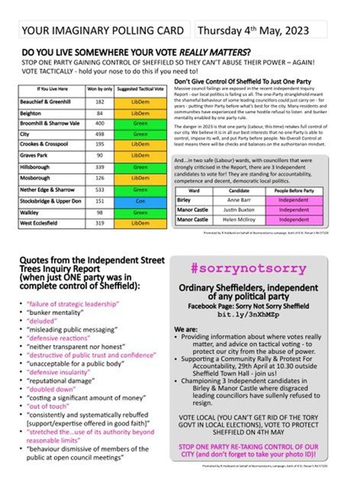 Vote tactically to break the tired old failed Labour Stranglehold in Sheffield
<a href="/ItsOurCity1/">Ruth Hubbard</a> <a href="/AnneBarr2015/">Anne Barr #FBPPR</a> @AnnEtte82016400 <a href="/wolln/">Woll</a> <a href="/DillnerDave/">Dave Dillner</a> <a href="/LouiseCOMS/">Louise Wilcockson</a>