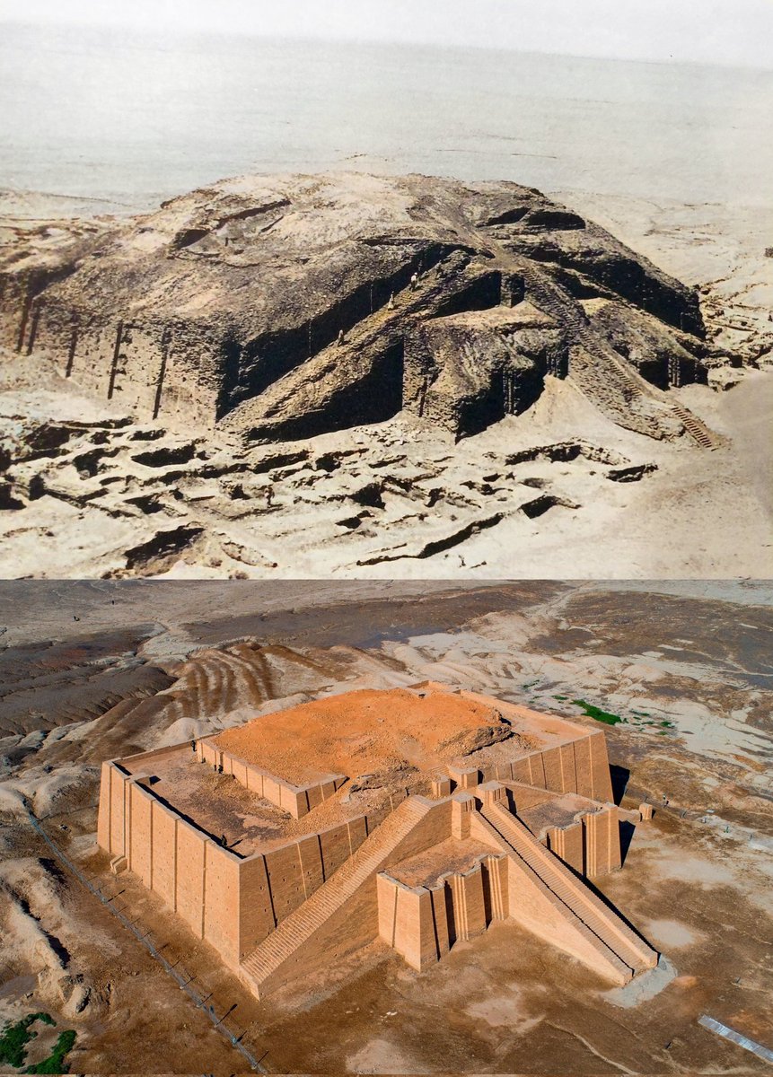 The before and after of the excavation and restoration of the 4,000 year old Great Ziggurat of Ur, Iraq.  

#History #Archaeology #Ancient #Iraq #Architecture