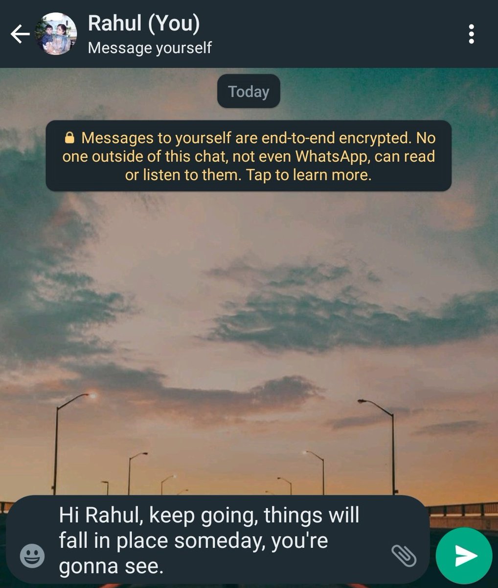 RahulDandwani's tweet photo. Sending this to myself, because no one else did.

Context: Just found out that you can now message yourself on @WhatsApp , something which @telegram has for ages. https://t.co/dUWHMYEtjm