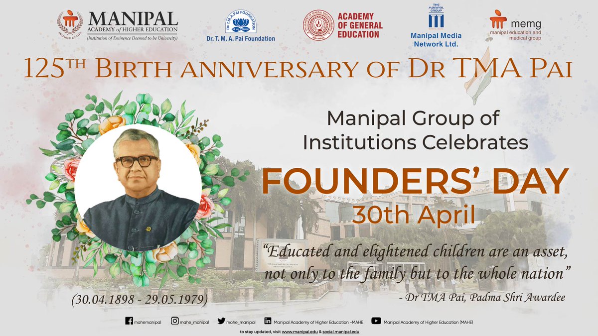 psph_mahe's tweet photo. Remembering the visionary who shaped the future of education in India, Padma Shri Awardee Late Dr. TMA Pai, on his 125th birth anniversary.
#ManipalFoundersDay #TMAPai #MAHE #MAHEManipal #Manipal https://t.co/wLB6c9untK