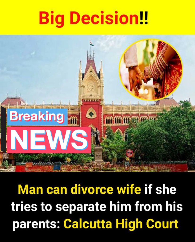 Pranjal_sahu111's tweet photo. What’s your view on this?
The Calcutta High Court has ruled a husband can file divorce on the grounds of “mental cruelty”-if his wife “tries forcefully separate him from his parents”. #bigdecission #highcourt https://t.co/62acZxng88