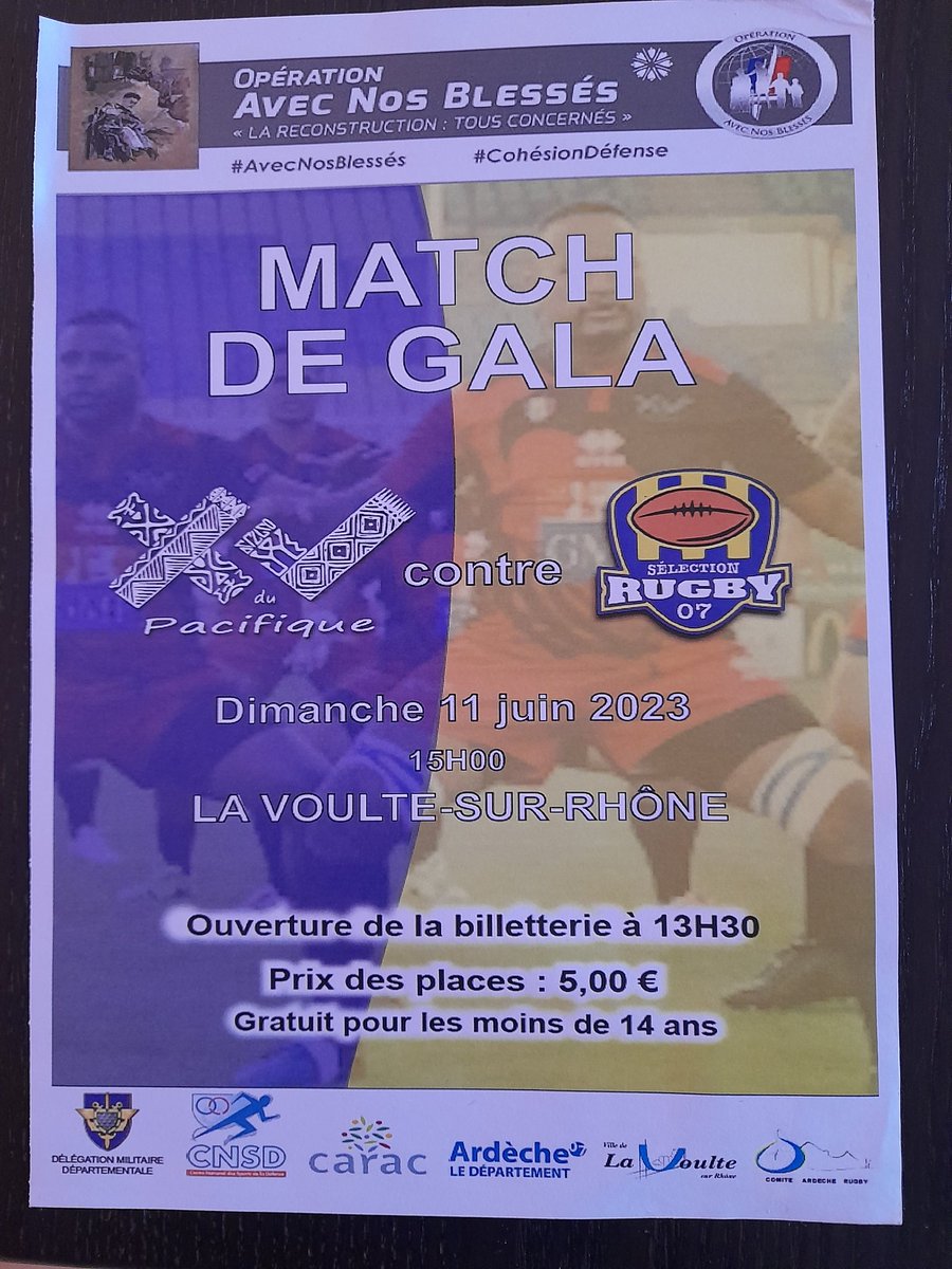 Fan de #Rugby 🏈Ou envie de faire 1 bonne action au profit d'assos #AvecNosBlessés 
RDV le dimanche 11 juin à partir de 13h30 au stade de #LaVoultesurRhone pour assister à  un Match de Gala qui opposera le #XVduPacifique à 1 sélection ardechoise. 
On retweet un max!!!!!
<a href="/07_dmd/">Délégation militaire départementale de l'Ardèche</a>