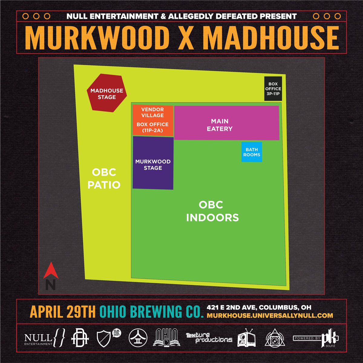 MURKWOOD X MADHOUSE TONIGHT
OHIO BREWING COLUMBUS 

Here’s a sneak peek of the indoor stage we have set up, as well as the maps you will need to find your way around the event! 

We’ll see you all later for a night to remember 🔊
