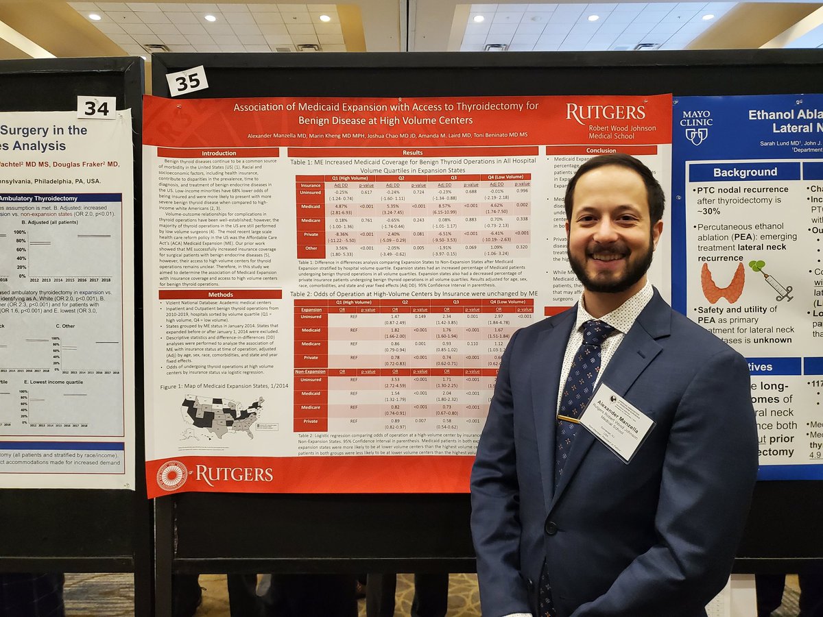 Toni Beninato MD (@beninatotoni) on Twitter photo Congrats to <a href="/ManzellaMd/">Alexander Manzella, MD</a> who presented our work <a href="/TheAAES/">American Association of Endocrine Surgeons</a> on the association of the ACA with access to high volume surgeons for thyroidectomy for benign disease - despite ⬆️ access to care, medicaid patients are still likely to be operated on at lower volume centers. <a href="/rwjsurgery/">Rutgers RWJMS Surgery</a> Congrats to <a href="/ManzellaMd/">Alexander Manzella, MD</a> who presented our work <a href="/TheAAES/">American Association of Endocrine Surgeons</a> on the association of the ACA with access to high volume surgeons for thyroidectomy for benign disease - despite ⬆️ access to care, medicaid patients are still likely to be operated on at lower volume centers. <a href="/rwjsurgery/">Rutgers RWJMS Surgery</a>