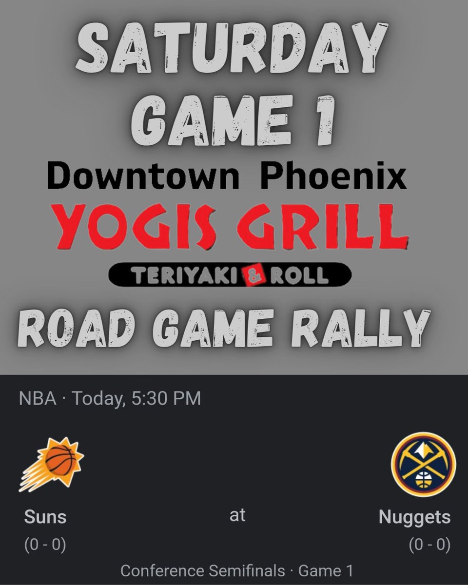Hey everyone! Are you as excited as we are for the Suns vs Denver? Today, Saturday, they're on the road against the Nuggets but that doesn't mean we can't rally here in downtown Phoenix!
#SunsPlayoffs #PhoenixRally #YogisGrillDowntownPhoenix #FuelUp #GoSuns #NBAPlayoffs