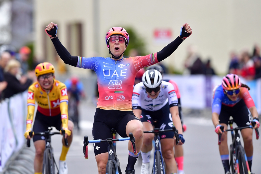 UAETeam_LIMAD's tweet photo. What a victory and what a super team!
@martabasti won the first stage of the @Festival_Elsy Jacobs, from Luxembourg to Steinfort over 111.1km. 
Great work by the whole team and 3rd place for @ele_gaspa 
📸 @SprintCycling 
#felsy #UAETeamADQ #UnitedToBeStronger #WeRideToInspire https://t.co/X4FP4yoMVf