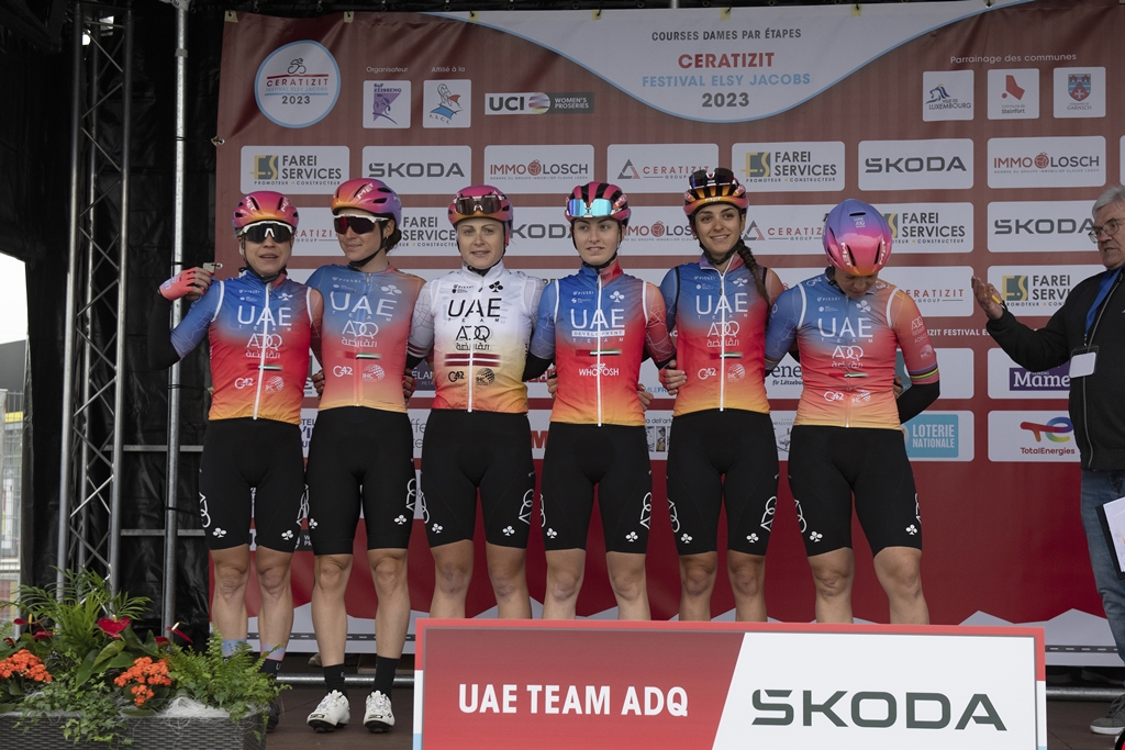 What a victory and what a super team!
<a href="/martabasti/">Marta Bastianelli</a> won the first stage of the <a href="/Festival_Elsy/">Festival Elsy Jacobs</a> Jacobs, from Luxembourg to Steinfort over 111.1km. 
Great work by the whole team and 3rd place for <a href="/ele_gaspa/">Eleonora Gasparrini</a> 
📸 <a href="/SprintCycling/">SprintCycling</a> 
#felsy #UAETeamADQ #UnitedToBeStronger #WeRideToInspire
