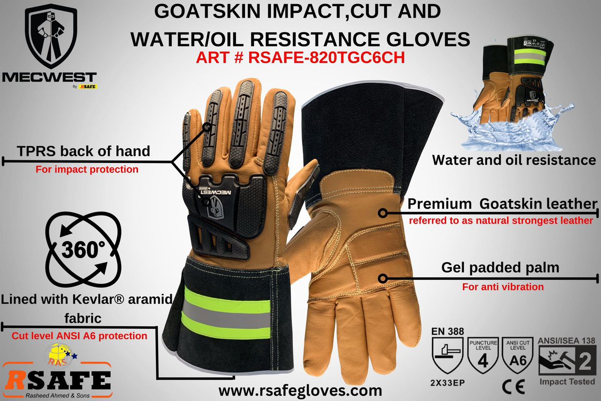 MECWEST® 820TGC6CH Impact, Cut, Water and Oil Resistance Safety gloves.
This glove available in cut levels A2-A9
This glove Available in winter version 
This glove available in impact level 1-3
We can also customise this glove as per user requirements.
#mecwestgloves #rsafegloves