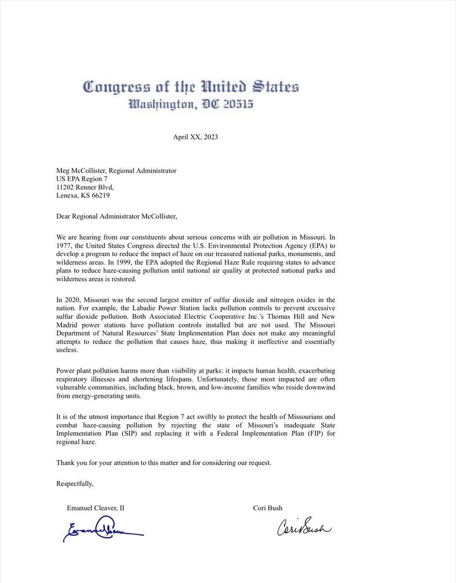 In 2020, MO was shamefully the second-largest emitter of sulfur dioxide &amp; nitrogen dioxide. These fumes make their way into people's lungs &amp; threaten our health &amp; safety.

@RepCleaver &amp; I are urging @EPARegion7 to implement a Federal Implementation Plan for air pollution.
