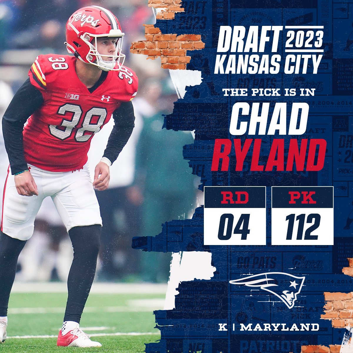 With the No. 112 overall pick in the 2023 @NFLDraft, the @Patriots select Chad Ryland! 📺: 2023 #NFLDraft on NFLN/ESPN/ABC 📱: Stream on NFL+ bit.ly/3Nk9PrV