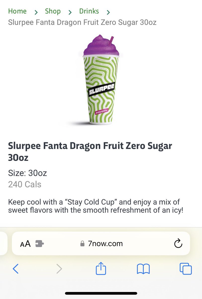 passthebobbypin's tweet photo. @7eleven Hi! I was just wondering if the nutrition info on the 7now website is correct for the Zero Sugar Dragon Fruit Fanta Slurpee? Thanks in advance 🙂 https://t.co/vQqiONxQYZ