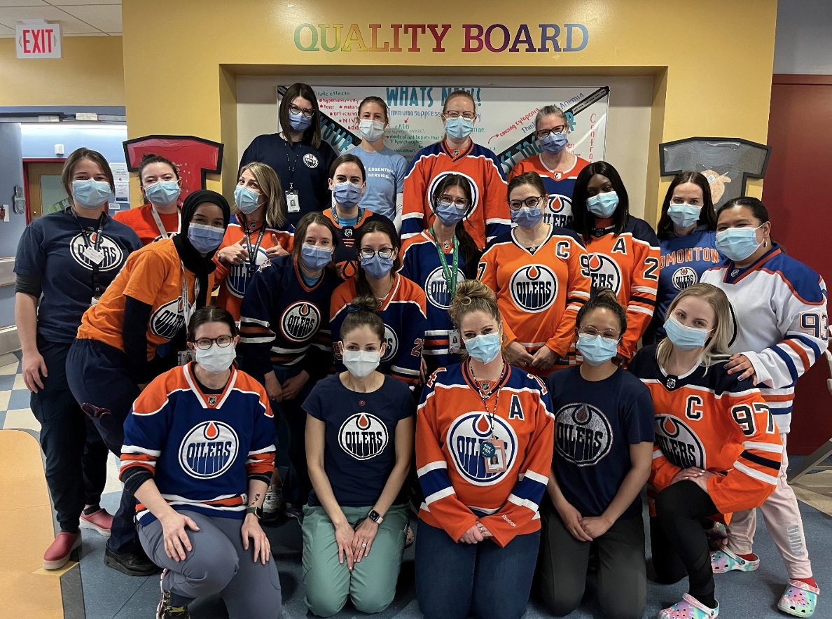 StolleryKids's tweet photo. The pediatric oncology &amp; hematology team at the Stollery are cheering on the @EdmontonOilers heading into Game 6! Show your support by purchasing Mega 50/50 tickets, with proceeds going to the @BenStelterFund (via @StolleryKids) &amp; @albertacancer: https://t.co/HAk2pLuzmA🏒 https://t.co/vF3SW1cibg