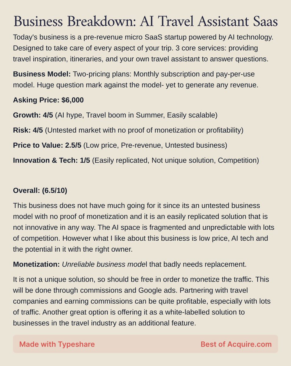 devlikesbizness's tweet photo. Business Breakdown (21/30): AI Travel Assistant SaaS
Curious about the nitty gritty insides of an AI powered SaaS with a unique model?
Keep reading!

I'm breaking down a different small business for next 30 days. This business is available on @acquiredotcom
@agazdecki for <$10k https://t.co/p1pLUfMOxr