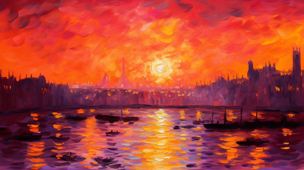 SuperpromptHQ's tweet image. Superprompt: The city skyline glows orange and purple as the sun sets behind it..., Animation, Claude Monet, Enchanted, Bright, Vibrant, --aspect 16:9 --v 5 #Superprompt #Midjourney