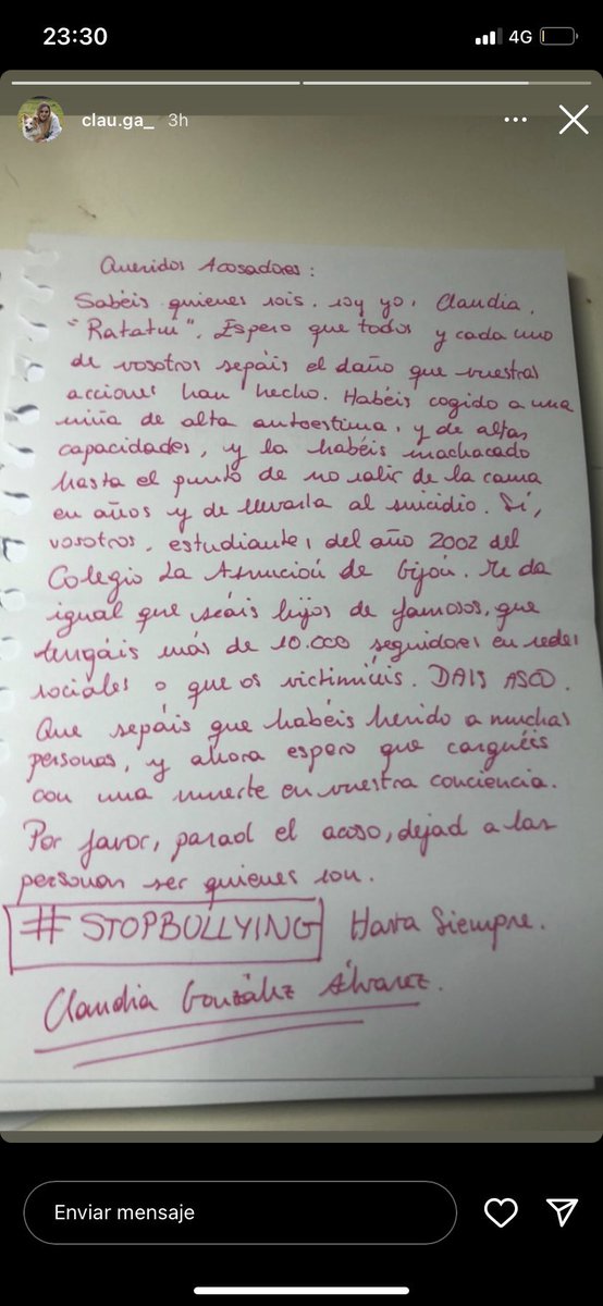 Otro día, la misma noticia.
Hallan muerta a la chica que escribió , hace unas horas, esta carta. 
Se despide de sus acosadores.
Otro fracaso para los que luchamos por prevenir el bullying. 
Descanse en paz.