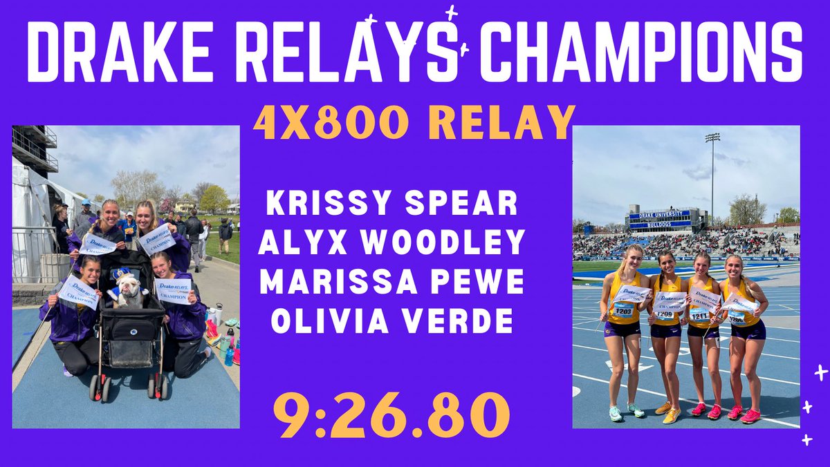 JCSD_GirlsXCTF's tweet photo. Drake Relays Champions. Congratulations to our 4x800 Relay💜💛💜💛@JCSD__Athletics @JohnstonCSD https://t.co/d8yw47V3C5