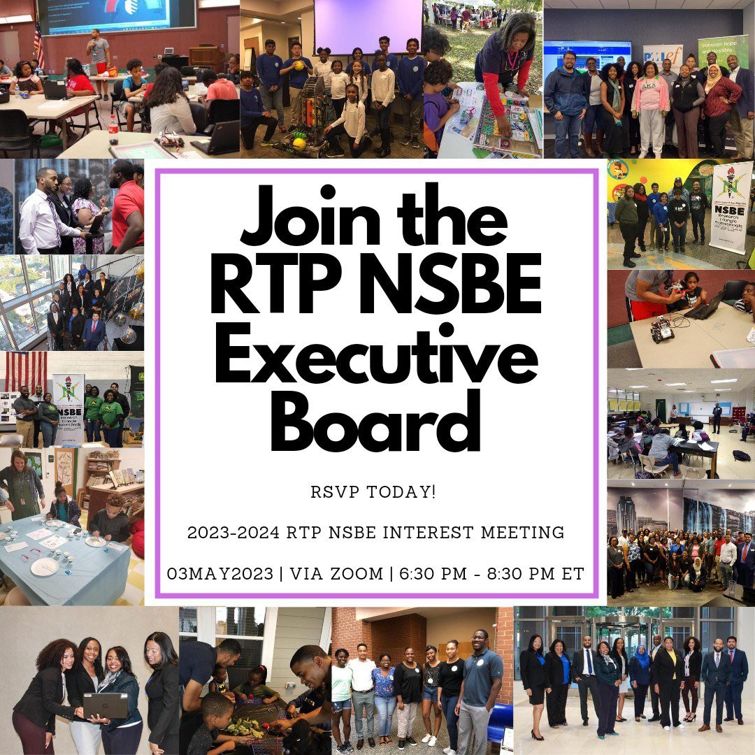 Join the Research Triangle Professionals chapter of the National Society of Black Engineers for our upcoming interest meeting. Come learn more about which roles are being elected for and what we have in store with the chapter! 

RSVP today, using the link found in our bio.
