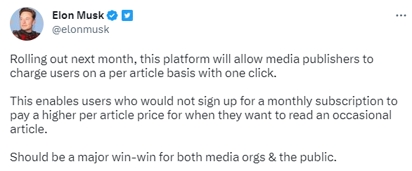 NeranjanMe's tweet image. Breaking 🚨: Elon Musk announces a new platform for media publishers that allows users to pay for articles on a per-article basis with just one click! #ElonMusk #MediaPublishers #PayPerArticle