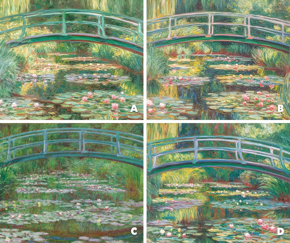 ngadc's tweet photo. Artist vs. machine: can you tell the difference?
 
One of these artworks was created by French Impressionist Claude Monet. The other images were made by a robot. Which is the original “Japanese Footbridge?” 🤔 #ArtOrArtificial https://t.co/2ZsGkLrkHJ