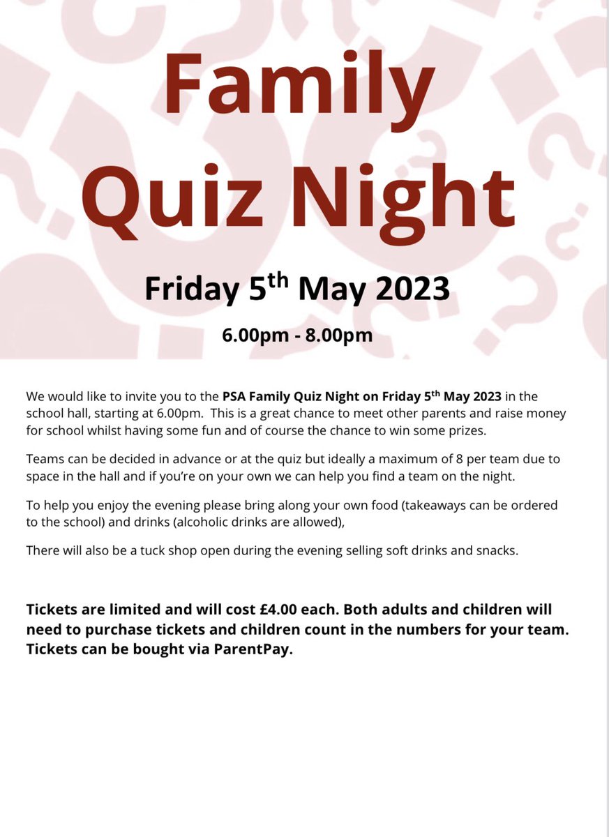 BhPsa's tweet photo. Looking for something different to do on Friday night with the family? Look no further and get on parent pay to bag your tickets to our Family Quiz Night! This will be a more interactive quiz, inspired by shows like Taskmaster. Fun for all the family!  #bhpsa #familyquiznight https://t.co/V4DpVkjgHF