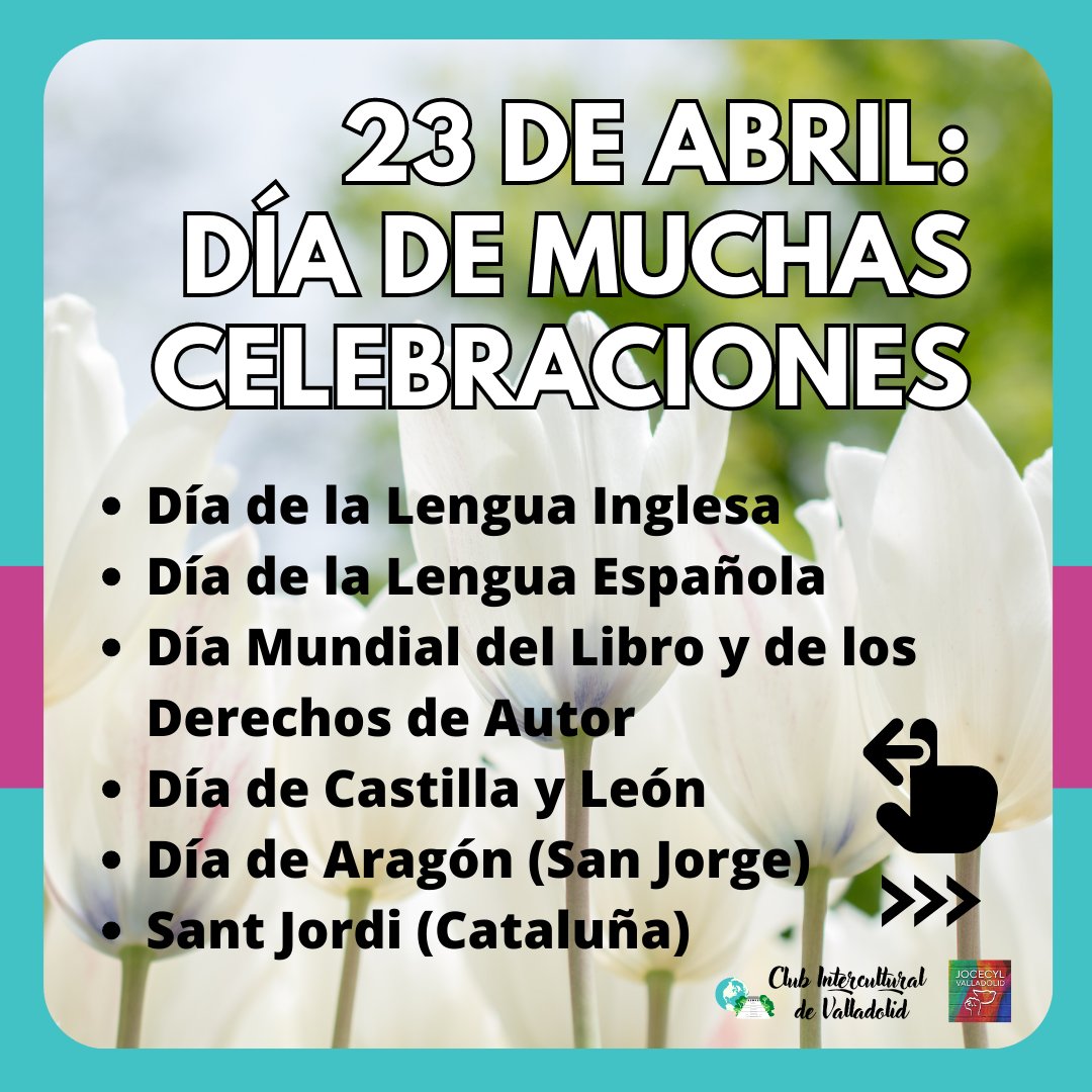 El pasado domingo 23 fue un día especial en muchos lugares por una  variedad de razones... ¿Sabes algo de cada celebración? Te dejamos un  poco de info de cada una 🤗
Fuentes: #ONU, AS, National Geographic, OcioValladolid
#idiomasvalladolid #culturavalladolid #jovenesvalladolid