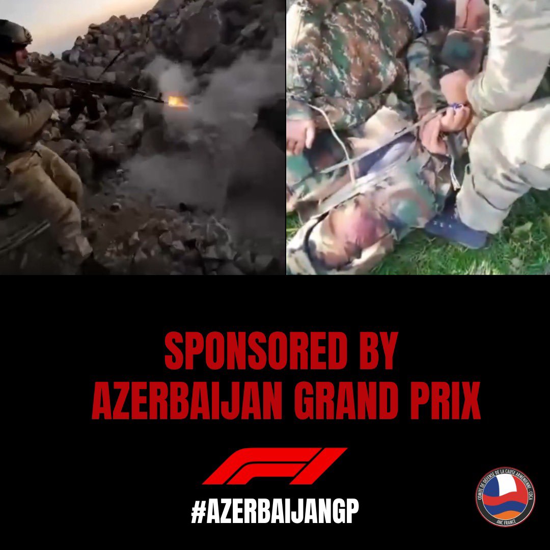cdcaancfrance's tweet photo. L’Azerbaïdjan viole toutes les normes du dt international, 120.000 pers. assiégées, + de 5.000 pers. tuées, des dizaines de prisonniers de guerre torturés.
Pourtant, #F1 continue d’organiser #AzerbaijanGP comme si de rien était cautionnant, de fait, l’Etat 🇦🇿

#SanctionAzerbaijan https://t.co/lrSgUdNyci