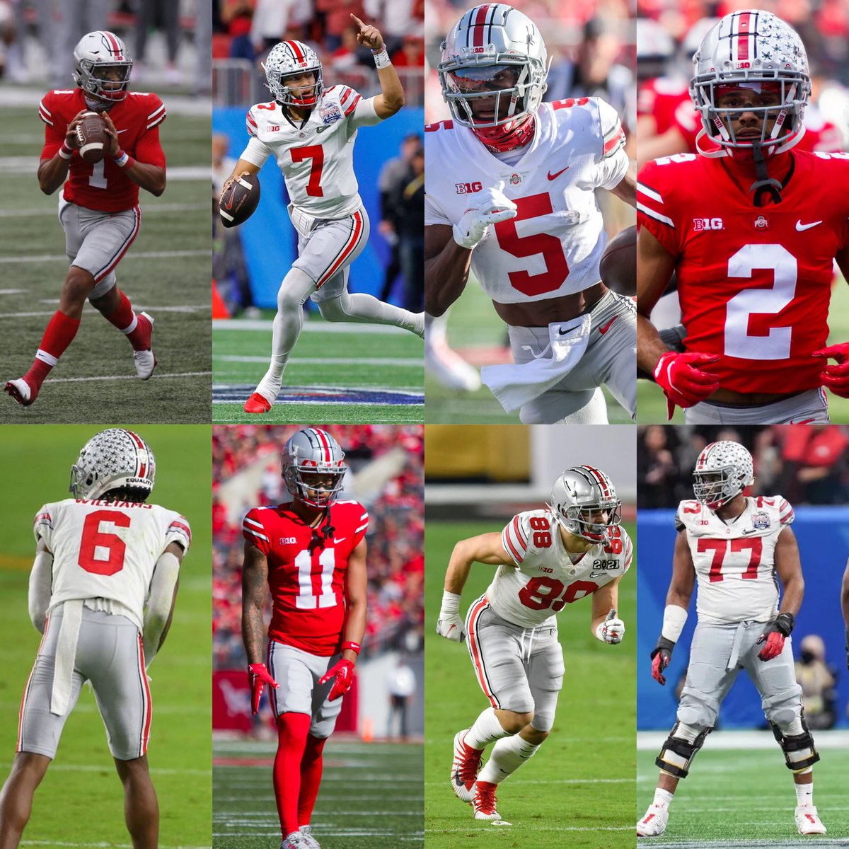 CFBLive247_'s tweet photo. Ohio State 2020 offensive roster 

Justin Fields | First round pick 
C.J. Stroud | First round pick 
Trey Sermon | Third round pick 
Garrett Wilson | First round pick 
Jameson Williams | First round pick 
Chris Olave | First round pick 
Jaxon Smith-Njigba | First round pick 
Luke Farrell | Fifth round pick 
Jeremy Ruckert | Third round pick 
Josh Myers | Second round pick 
Thayer Munford Jr | first round pick 
Dawand Jones | Forth round pick 
Nicholas P-F | Third round pick
Paris Johnson Jr | First round pick 
Wyatt Davis | Third round pick 

Eight first round picks, only one player drafted in the fifth round or later..

#GoBucks #DevelopedHere 🌰