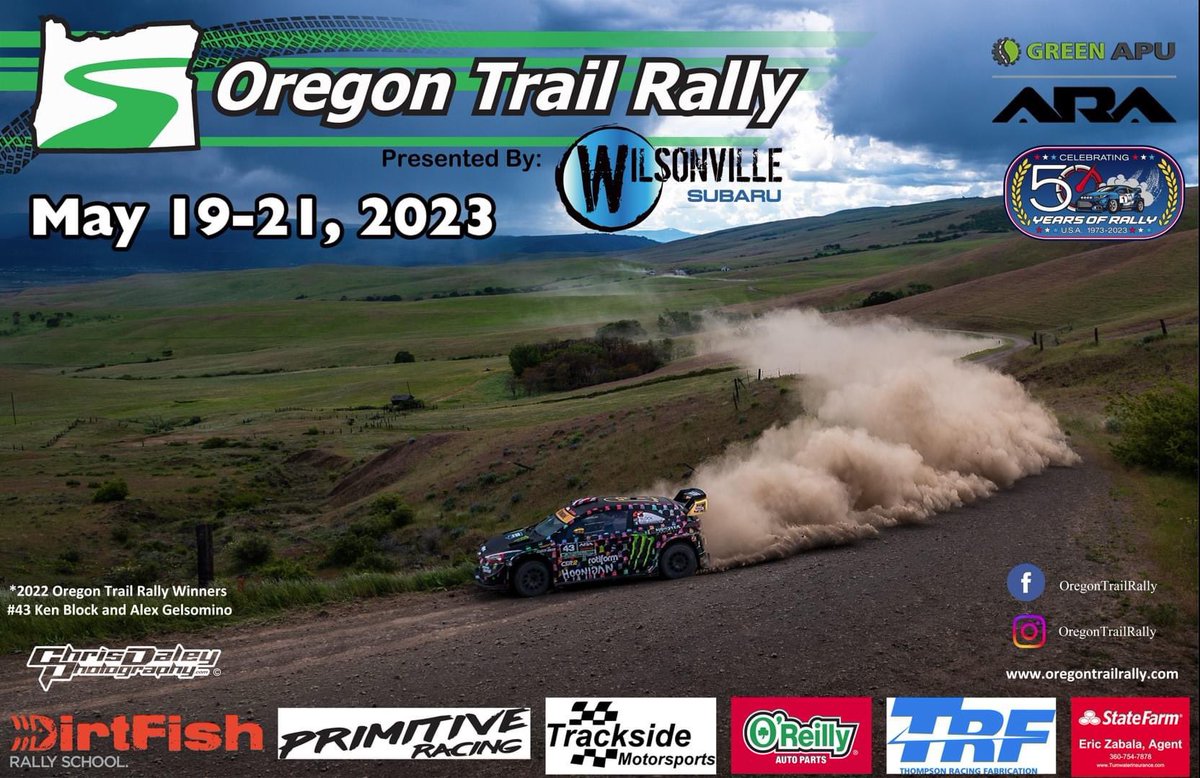 OregonTrailRly's tweet image. Here’s our 2023 event poster! Pick them up at @WilsonvSubaru starting Tuesday or at our event merch tent at the race!

#rally #ararally #otr2023 @ARA_Rally @DirtFishRally @oreillyauto @primitiveracer