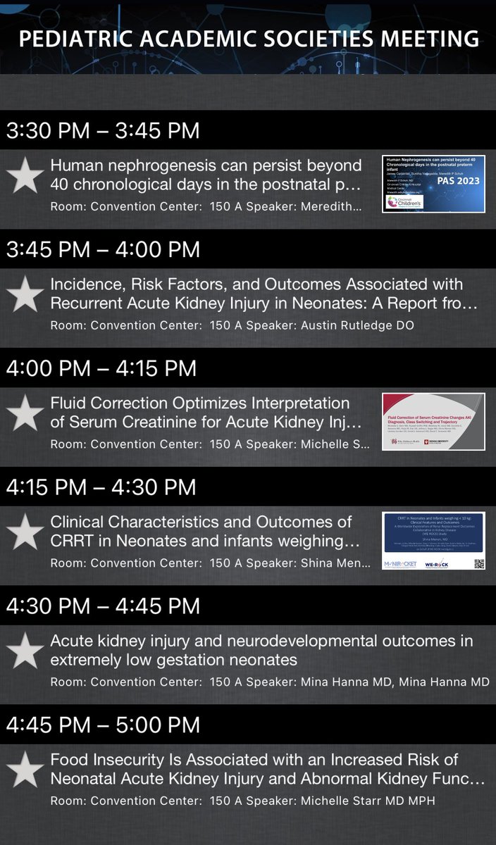 Spread the word - please join us at 3:30 in room 150A for oral abstract in neonatal nephrology. Posters may be cross programmed but there will be plenty of time to check out posters after the session! Some really interesting talks! #ASPN23 #PAS2023