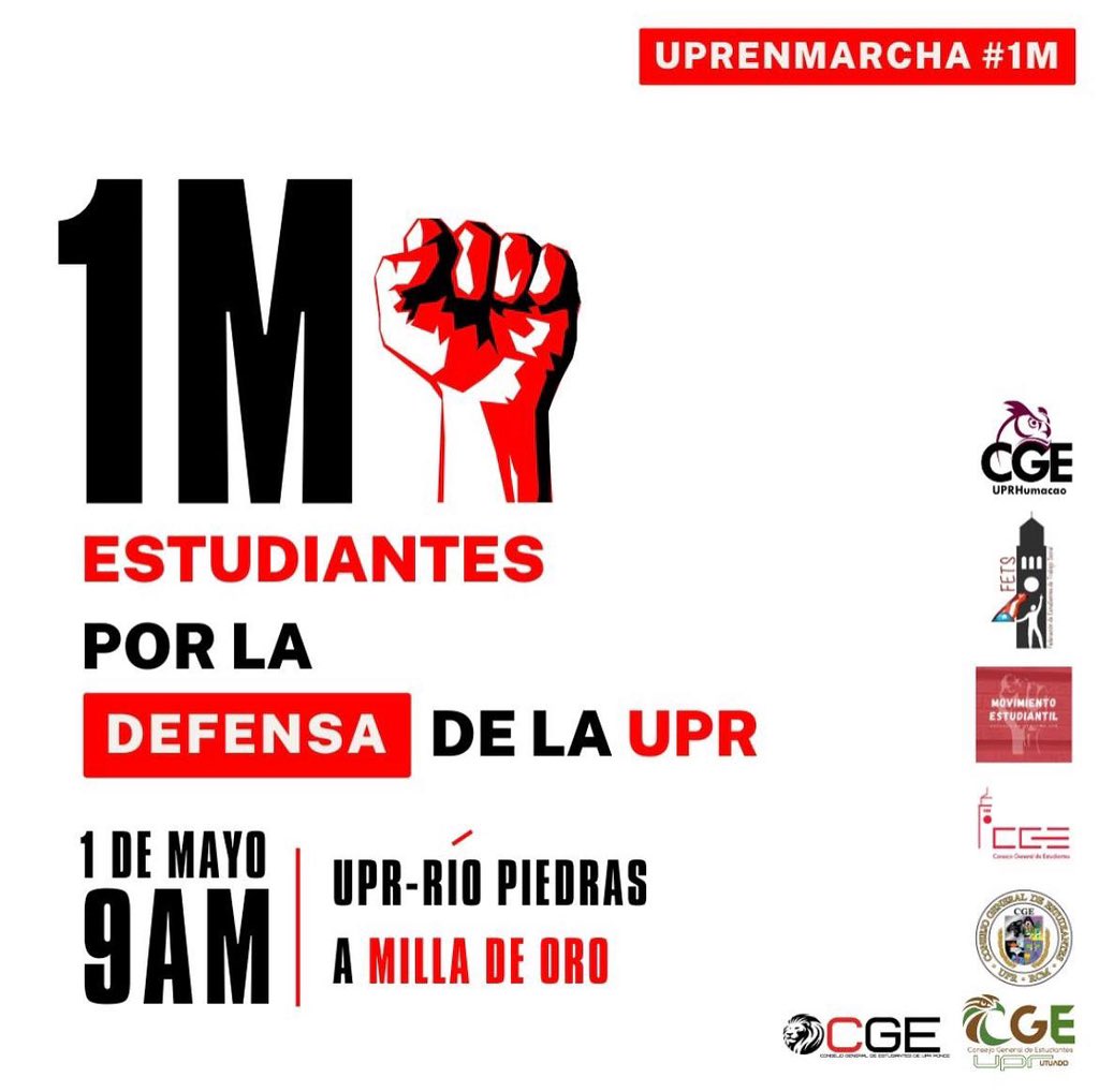 ¡Panteras! Los estudiantes nos unimos a la marcha multisectorial del 1 de mayo en defensa de nuestra UPR. La marcha comenzará a las 9:00 a.m. desde la UPRRP hasta la Milla de Oro. ¡Les invitamos a marchar junto a nosotros por una UPR digna y accesible para todos!