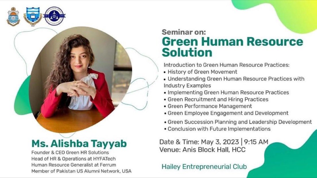 GreenHRSolution's tweet photo. Alishba Tayyab, invited as guest speaker, to Hailey College of Commerce, University of Punjab, Lahore. 

#GreenInitiatives #Greenhr #GreenHrSolution ##GreenRecruitment #University https://t.co/QbSysUz6Ne