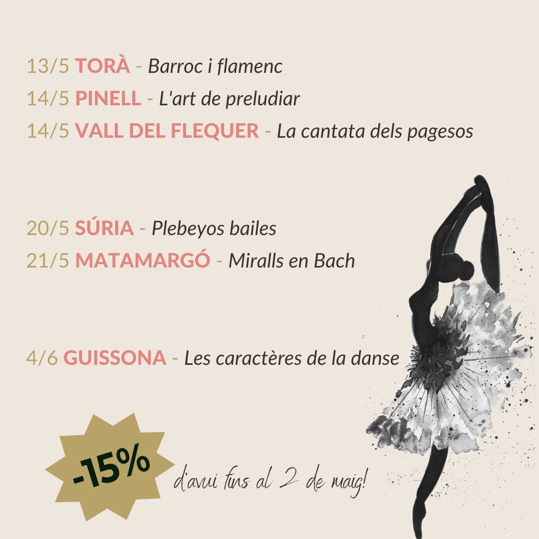 espurnesbarroqs's tweet photo. 🩰 Avui és el #diadeladansa i ja que el festival s'estrena en aquesta disciplina ho volem celebrar oferint-vos un 15% de descompte amb les propostes que inclouen dansa.

Promocode: DIADANSA

Disponible des d'ara fins al 2 de maig! 

https://t.co/lAJ2eDASn0

Promo a (veure 📷 2) https://t.co/0AMsozFANy