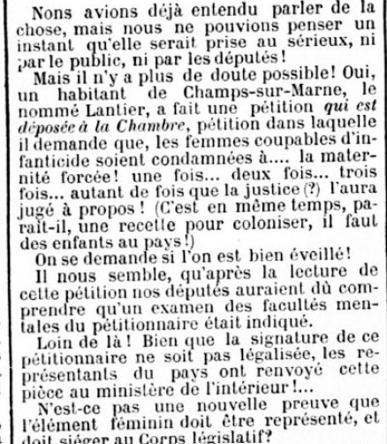 EmPeilPov's tweet photo. Et si les femmes accusées d'infanticide étaient punies à la maternité forcée ? Eh bien un gars a décidé d'en faire une pétition, de l'envoyer à l'AN et les députés qu'ont-ils fait ?Refuser? Nope, la pétition a été transmise bien qu'illégale🤡
Camille Belilon, La Fronde, 5/02/1898 https://t.co/eU2jlbGfkt