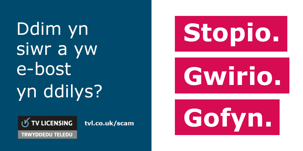 CyngorGwynedd's tweet image. Diogelwch eich hun rhag twyllwyr e-bost sy’n dynwared @TVLicensing 

STOPIO GWIRIO GOFYN 

Dysgwch sut i sylwi ar dwyll Trwyddedu Teledu a’i adrodd yn orlo.uk/Qg0fl
#twyll #ScamSmart #StopioGwirioGofyn