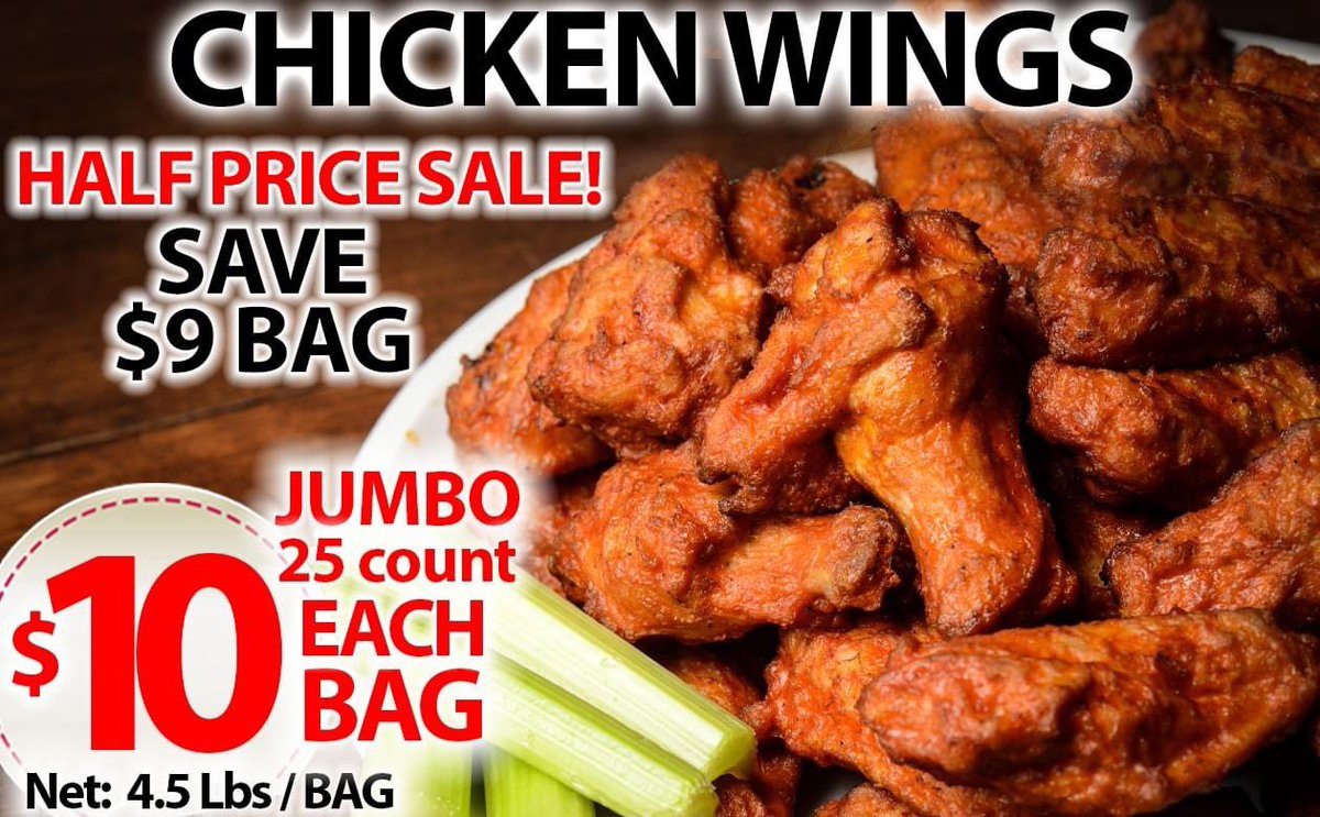 CarfagnasMarket's tweet photo. WOAH. "10 dolla holla!"
Our Jumbo Party Wings are HALF PRICE! This sale starts this weekend and will run through May 7th, or while supplies last. 

25 Jumbo Cut Chicken Wings (apprx. 4.5Lbs) for $10. 
We haven't seen prices this low on wings since pre-Covid! https://t.co/YhZz7qb39e