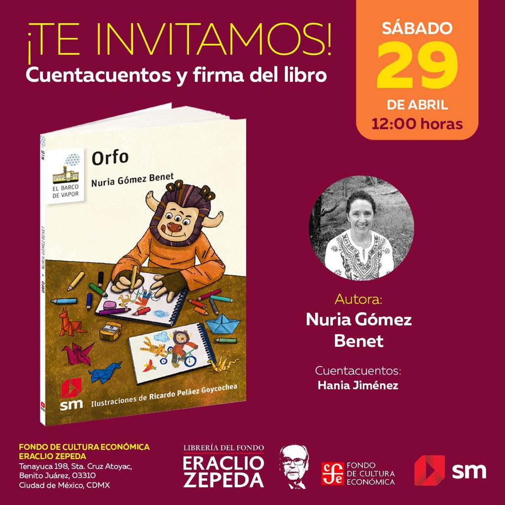 FCEMexico's tweet photo. ¡Ya casi empieza!
En el marco del Día del Niño y de la Niña, no te pierdas al mediodía el #cuentacuentos y firma del libro #Orfo de #NuriaGómezBenet en la #LibreríaEraclioZepeda. ¡Te esperamos con los libros abiertos!
@LibreriasEducal #RepúblicaDeLectores #LeerTransforma https://t.co/biNWpQVCQo