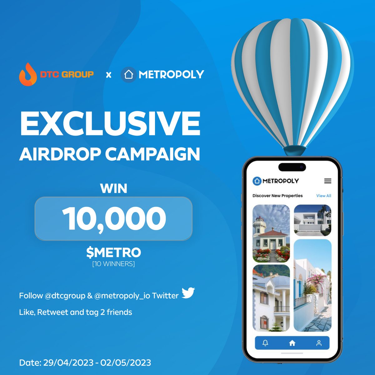 🔸<a href="/DTCGroup_/">DTC Group</a>  x 🏠 <a href="/metropoly_io/">METROPOLY</a>  Exclusive airdrop campaign

"Metropoly is making real estate investment possible for everyone"

🏆 We are giving away $10,000 $METRO distributed to 10 random winners you just have to
1) Follow <a href="/DTCGroup_/">DTC Group</a>  and <a href="/metropoly_io/">METROPOLY</a>  Twitter
2) Like,