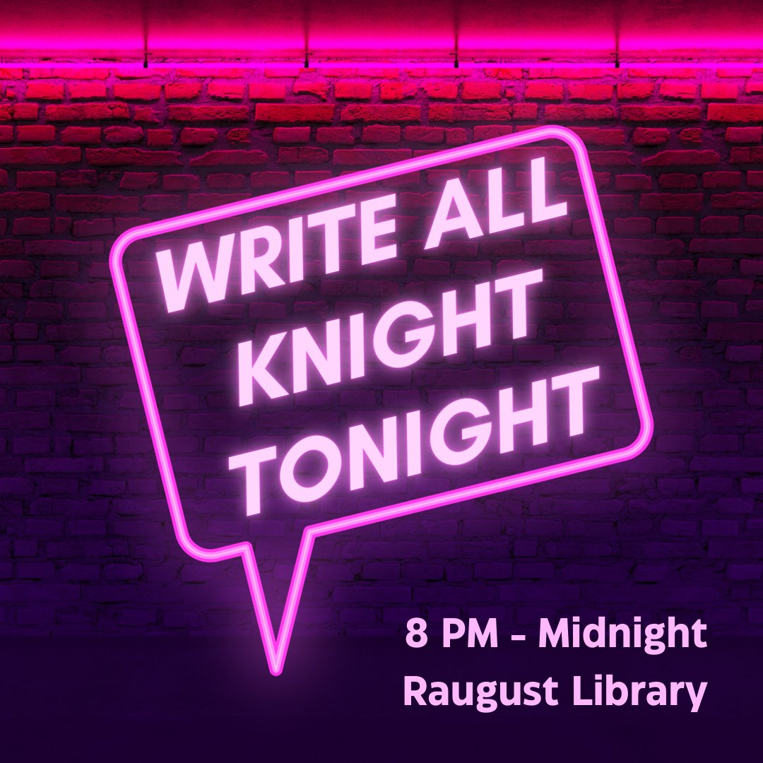 UJWritingCenter's tweet photo. Don't forget about Write All Knight TONIGHT! 8 PM - Midnight in Raugust Library!

Come for writing and research help, free pizza, and door prizes! It's the perfect way to get a jump on finals week!

#GoJimmies #JimmiePride #UniversityOfJamestown #WriteAllKnight https://t.co/g2KAuR7kyj