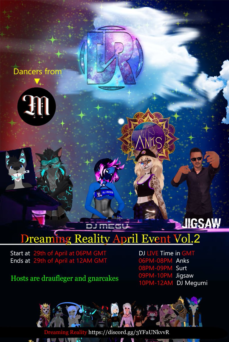 Yoooo in 45min tonight we have an event going on in VRChat
with <a href="/anksonscreen/">Anks is now on Bluesky instead</a> Surt <a href="/JigsawTheDJ/">Jigsaw</a> <a href="/DJ__Megumi/">DJ Megu</a>