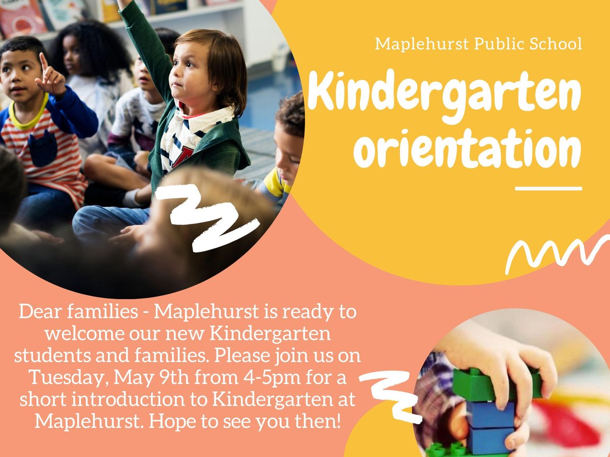 MrBreckels's tweet photo. Kindergarten Orientation @MaplehurstPS coming May 9 for Junior Kindergarten and May 10 for all new Senior Kindergarten students! We look forward to welcoming our Glenview students and our 'first time ever' students. @HaltonDSB https://t.co/UdMB8AKrAE