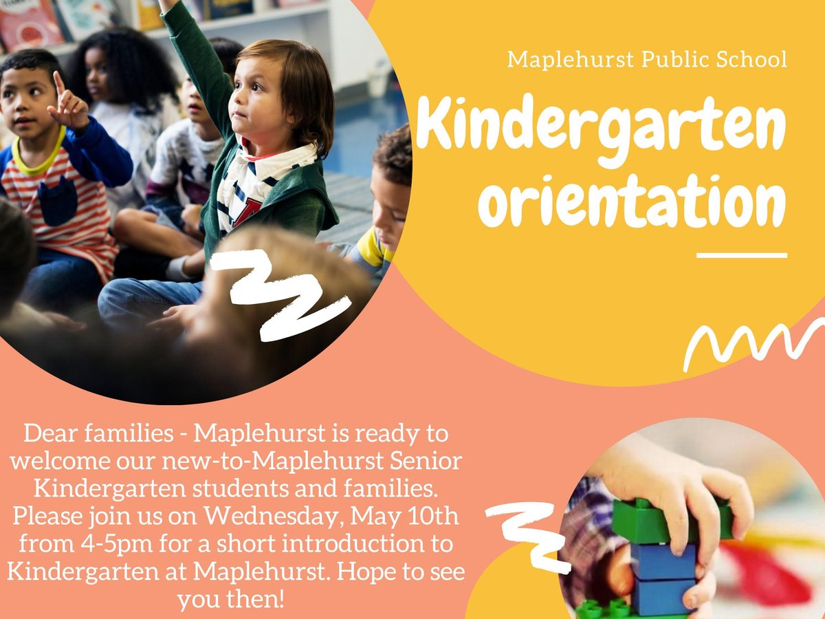 Kindergarten Orientation <a href="/MaplehurstPS/">MaplehurstPS</a> coming May 9 for Junior Kindergarten and May 10 for all new Senior Kindergarten students! We look forward to welcoming our Glenview students and our 'first time ever' students. <a href="/HaltonDSB/">HDSB</a>