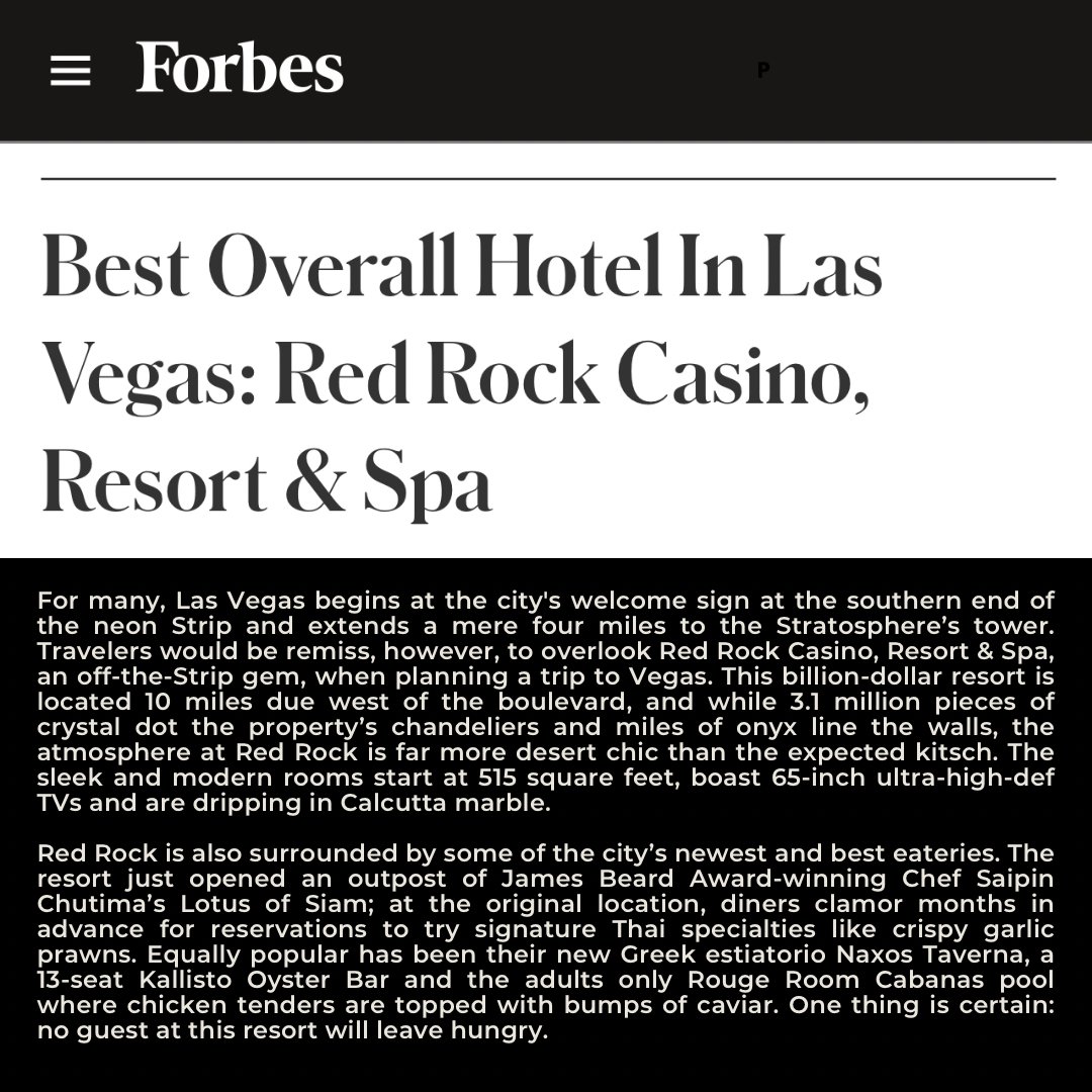 redrockcasino's tweet photo. Thrilled to be crowned the best overall hotel in Las Vegas by Forbes!

We invite you to come and experience our hospitality firsthand and make unforgettable memories at our hotel. https://t.co/gcyidVZl3G https://t.co/R6CNy8Ifyz