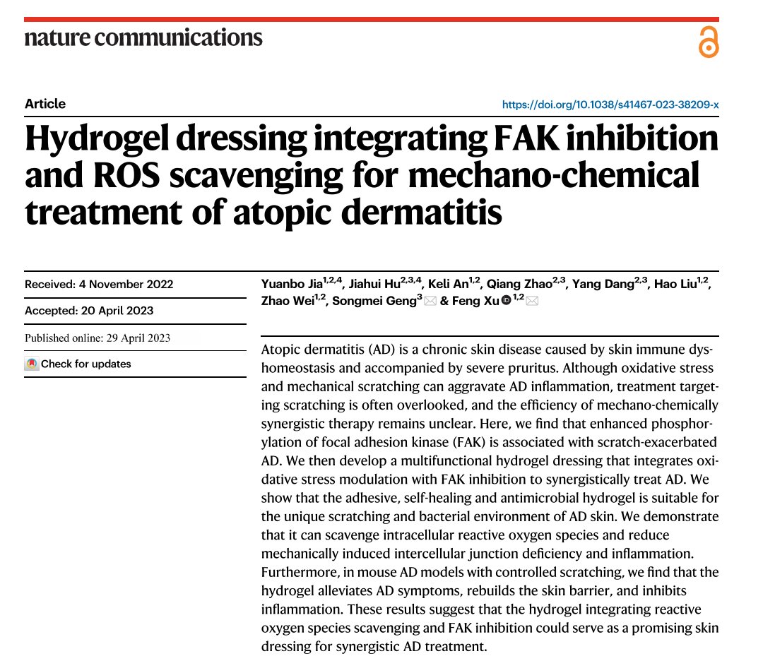 CrozrX's tweet photo. 🎯 Clinical translational promise of FAK as a mechanotherapy target.
•
Hydrogel dressing integrating FAK inhibition and ROS scavenging for mechano-chemical treatment of atopic dermatitis #AD #RAD2023 #eczema #defactinib
•
https://t.co/a9IjRbwPBt https://t.co/MBqj8ByKWZ