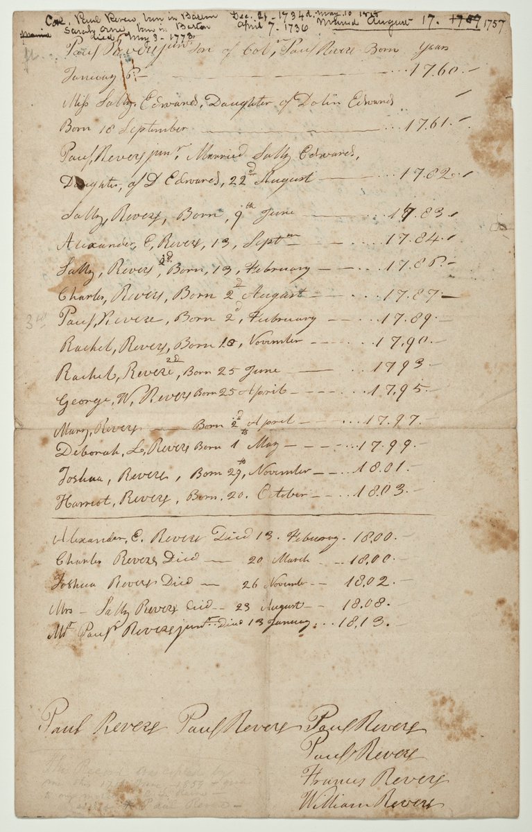 BostonHistory's tweet photo. Over the next 20 years, Paul Revere Jr. and Sally Edwards would have 12 children. Here are the family records in my possession penned by their son Paul Revere born in 1789. Sally's brother #BenEdwards is the main character in my children's book #OneAprilinBoston https://t.co/6krEKKL81i