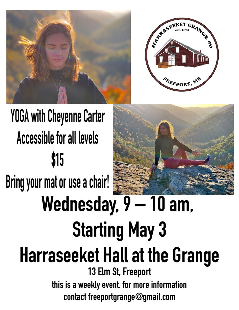 FreeportGrange's tweet photo. YOGA with Cheyenne Carter 
(@msdarcycarter )
Accessible for all levels
$15
Bring your mat or use a chair!

Wednesday. 9 - 10 am,
Starting May 3
Harraseeket Hall at the Grange
13 Elm St, Freeport

this is a weekly event. for more information contact freeportgrange@gmail.com https://t.co/bZjC4zxSFC