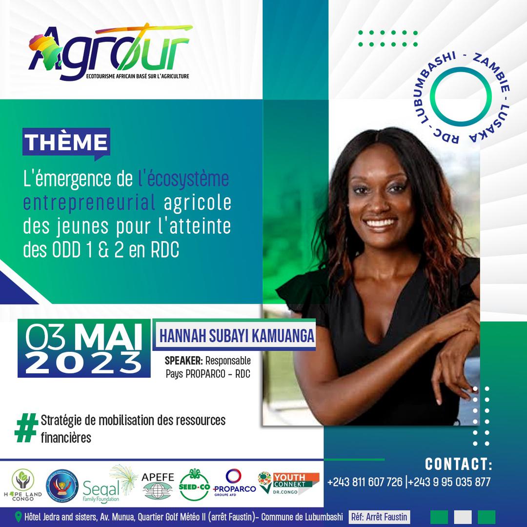 🚨#AgrotourRDCZambie | Webinar
La 6ème édition d'#Agrotour débute dans 3 jours ! 

Mme <a href="/KSubayi/">Hannah Subayi K.</a> (Responsable Pays Proparco) interviendra en ligne sur Zoom et nous parlera de *" La Stratégie de mobilisation des ressources financières "*,