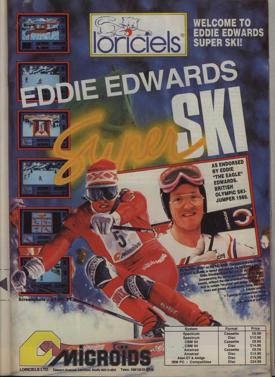 JazRignall's tweet photo. 35 years ago, Loriciels released a ski jumping game endorsed by Britain's best-loved sporting failure, Eddie "The Eagle" Edwards. He'd become famous for a) being the first British ski jumper since 1928, and b) coming stone last in the 1988 Winter Olympics ski jumping event. https://t.co/X2fkobdAwA