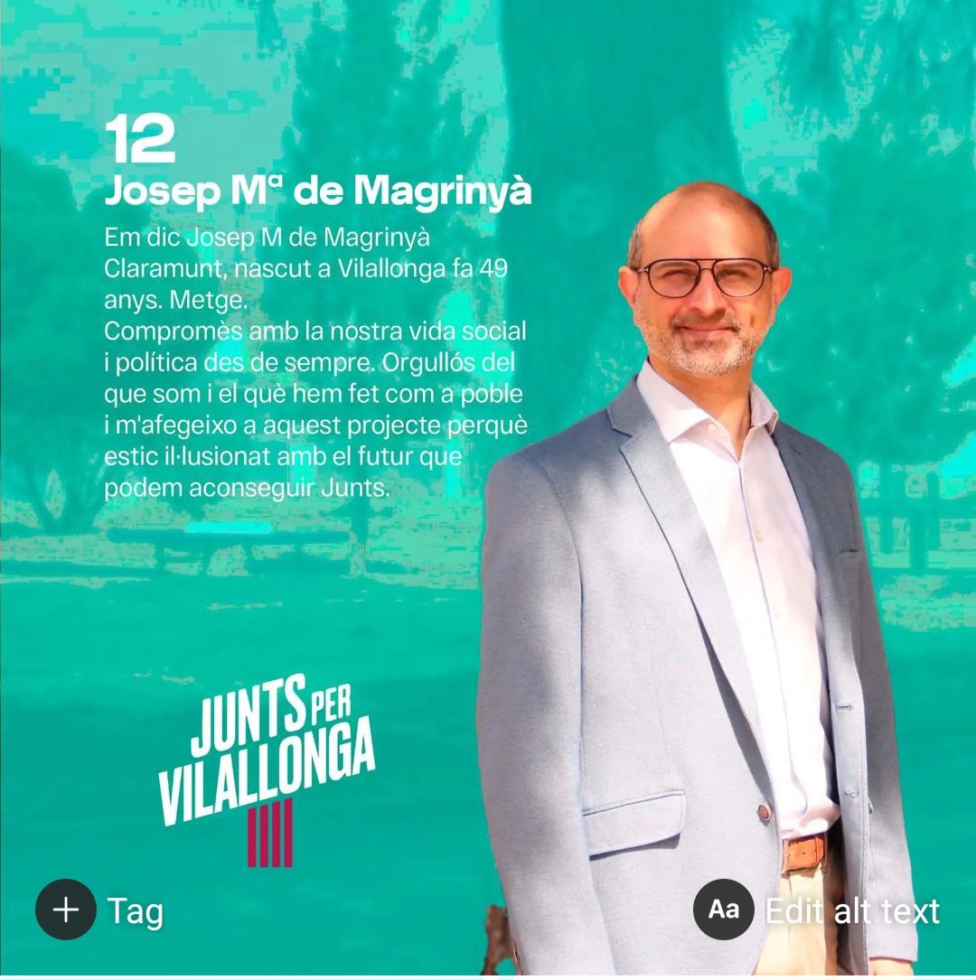 JuntsVilallonga's tweet photo. Josep Mª Magrinyà, un puntal del nostre partit.
Endavant!
#gentdedebò #municipals2023 #juntspervilallonga https://t.co/uGpcDiLKDu